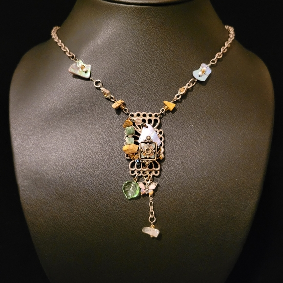 Estate Stone, Glass & Shell Charm Dangle Necklace - Picture 2 of 6